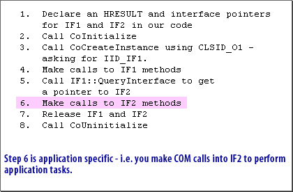 4) Step 6 is application specific, requires you make COM calls into IF2 to perform application tasks