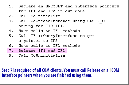5)Step 7 is required of all COM clients. You must call Release on all COM interface pointers when you are finished using them.