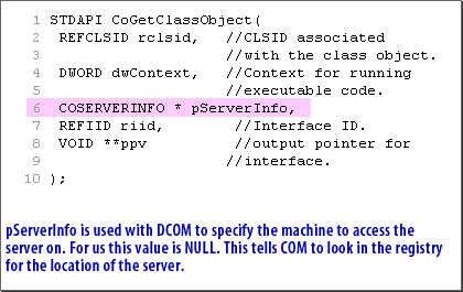 3) pServerInfo is used with DCOM to specify the machine to access the server on