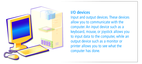 I/O devices: Input and output devices. 
These devices allow you to communicate with the computer. An input device such as a keyboard, mouse or joystick allows you to input data to the computer.