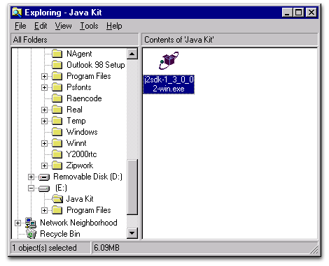 Screen shot of Explorer showing j2sdk1_3_0-win.exe highlighted