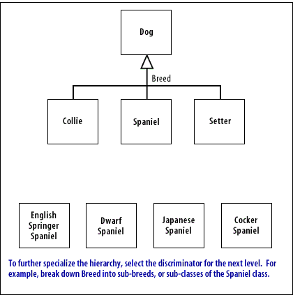 To further specialize the hierarchy, select the discriminator for the next level. For example, break down Breed into sub-breeds, or sub-classes of the Spaniel class.